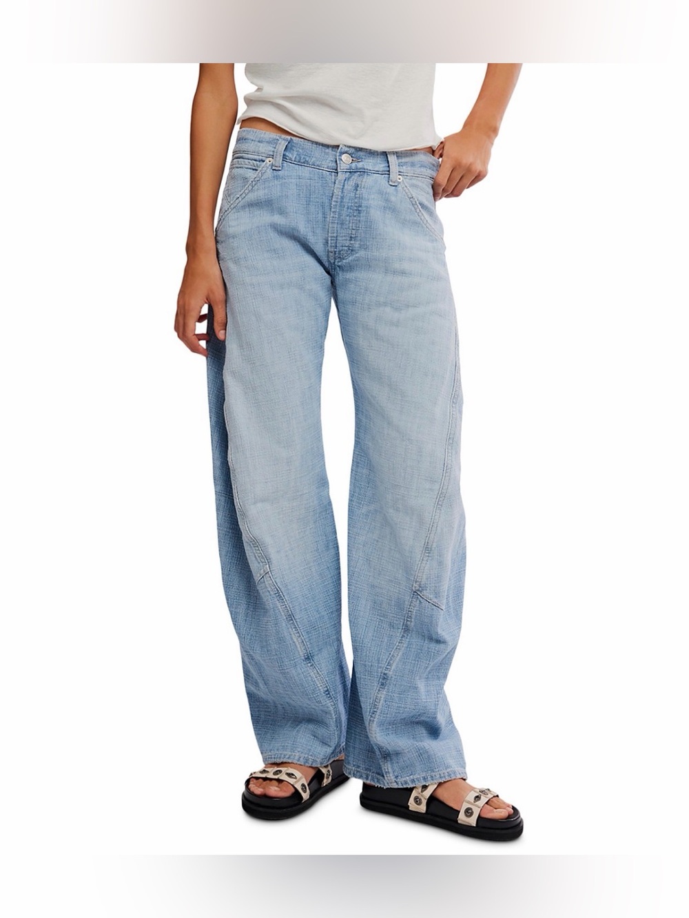 Free People Highland Low-Rise Bowed Wide-Leg Jeans in Light Blue